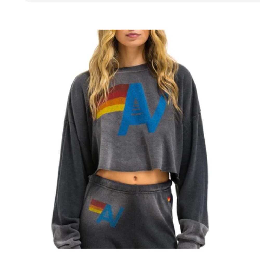 Aviator Nation Gray Sweatshirt with Rainbow and Blue Logo